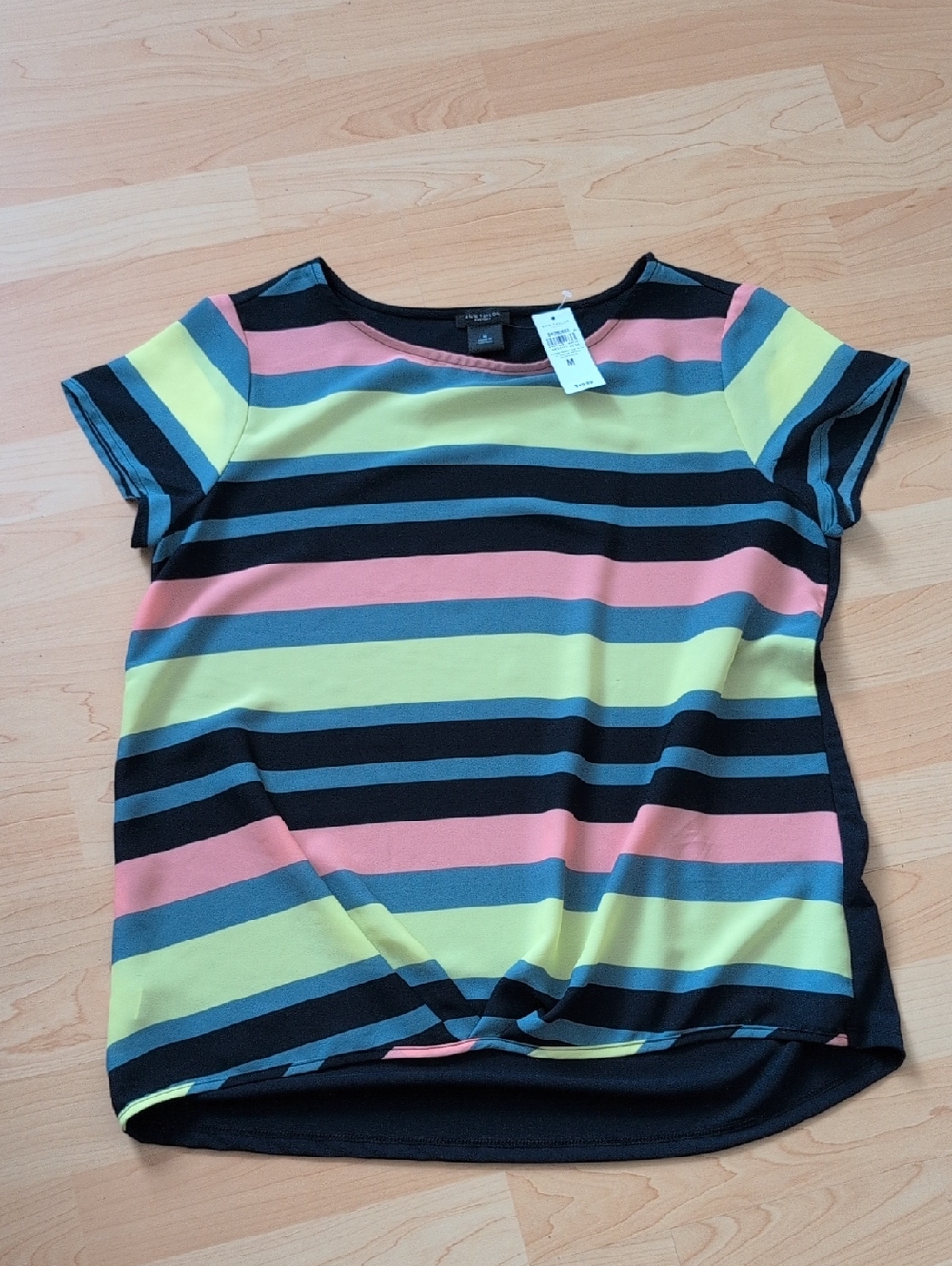 Ann Taylor Factory Pink, Yellow & Blue Striped Twist-Hem Tee